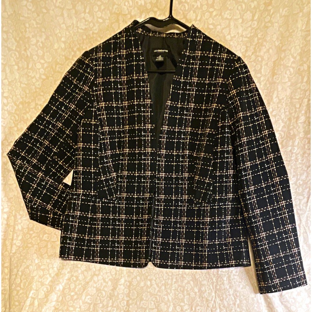 Liz Claiborne Career Women's Black Pink Plaid Open Front Lined Jacket Size 10
